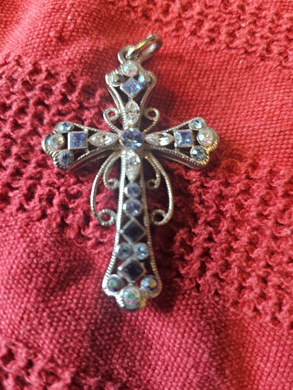Silver Cross Pendant With Blue Stones